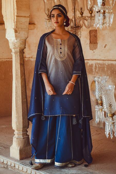 Buy_Karaj Jaipur_Blue Kurta And Dupatta Chanderi, Sharara Cotton Floral, Mirror Embroidered Set_Online_at_Aza_Fashions