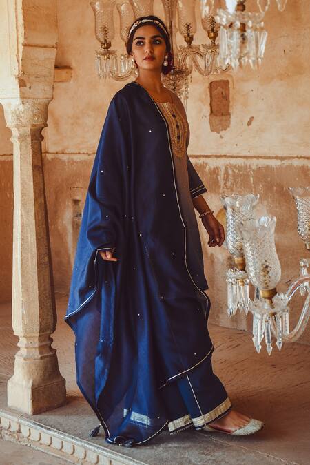 Karaj Jaipur_Blue Kurta And Dupatta Chanderi, Sharara Cotton Floral, Mirror Embroidered Set_Online_at_Aza_Fashions