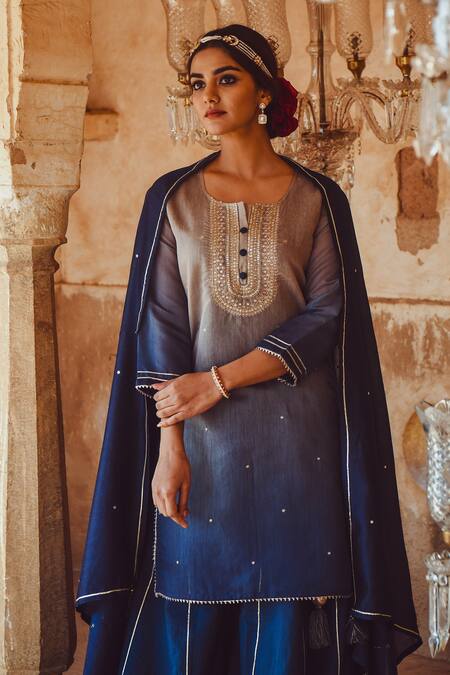 Shop_Karaj Jaipur_Blue Kurta And Dupatta Chanderi, Sharara Cotton Floral, Mirror Embroidered Set_Online_at_Aza_Fashions