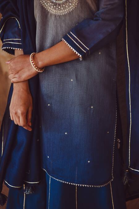 Karaj Jaipur_Blue Kurta And Dupatta Chanderi, Sharara Cotton Floral, Mirror Embroidered Set_at_Aza_Fashions