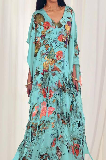 Buy AK-OK Blue Silk V-neck Floral And Ostrich Print Kaftan Online at Aza Fashions Buy_AK-OK_Blue Silk V-neck Floral And Ostrich Print Kaftan _Online_at_Aza_Fashions