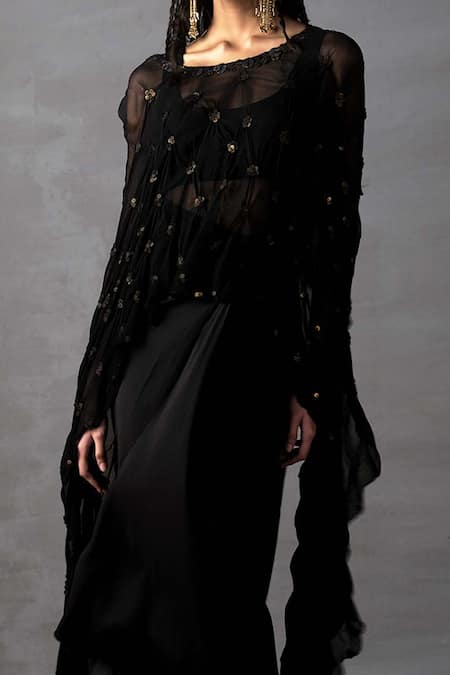 AK-OK_Black Silk Sequins Round Neck Top And Skirt Set With Embroidered Dupatta Cape _Online_at_Aza_Fashions