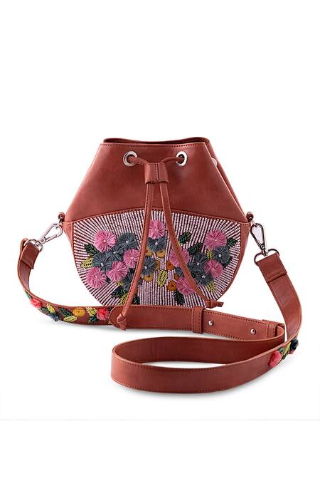 Buy_Puro Cosa_Brown Embroidered Carnation Floral Bag_Online_at_Aza_Fashions