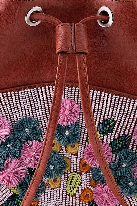 Puro Cosa_Brown Embroidered Carnation Floral Bag_at_Aza_Fashions