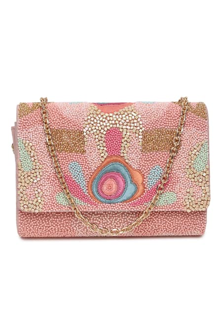 Puro Cosa Pink Embellished Silk Thread Embroidered Clutch With Sling