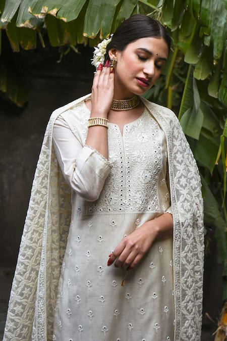 Shop_KARAJ JAIPUR_Beige Kurta Chanderi Pant Cotton And Dupatta Chiffon Chikankari & Mirror Set _Online_at_Aza_Fashions
