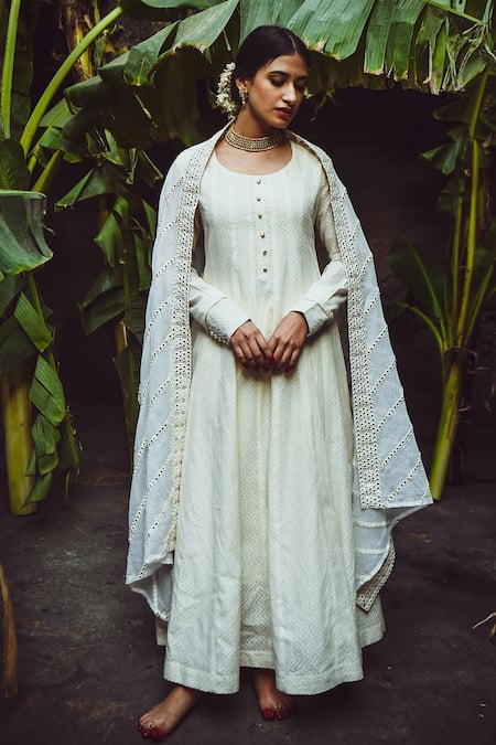 Karaj Jaipur_White Anarkali Dobby Pant Cotton And Dupatta Kota Doria Mirror Work & Set_Online_at_Aza_Fashions