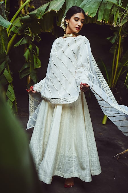 Shop_Karaj Jaipur_White Anarkali Dobby Pant Cotton And Dupatta Kota Doria Mirror Work & Set_Online_at_Aza_Fashions