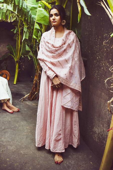 Karaj Jaipur_Pink Anarkali Dobby Pant Cotton And Dupatta Kota Doria Mirror Work & Set_Online_at_Aza_Fashions