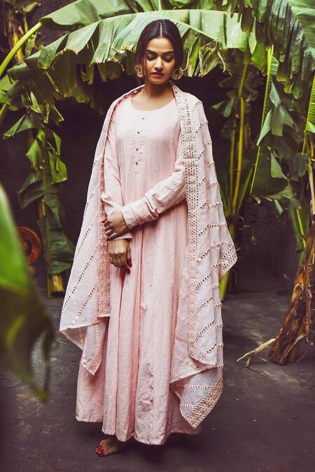 Buy_Karaj Jaipur_Pink Anarkali Dobby Pant Cotton And Dupatta Kota Doria Mirror Work & Set_Online_at_Aza_Fashions