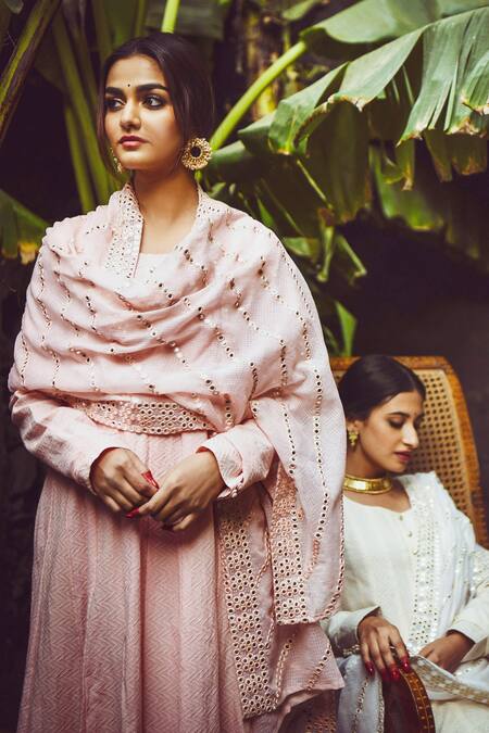 Shop_Karaj Jaipur_Pink Anarkali Dobby Pant Cotton And Dupatta Kota Doria Mirror Work & Set_Online_at_Aza_Fashions