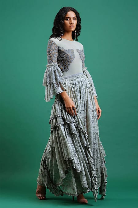 Nidhi Yasha_Grey Viscose Round Embellished Top And Skirt Set _Online_at_Aza_Fashions