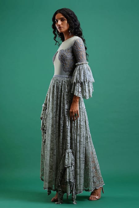 Buy_Nidhi Yasha_Grey Viscose Round Embellished Top And Skirt Set _Online_at_Aza_Fashions