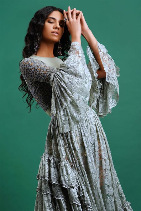 Shop_Nidhi Yasha_Grey Viscose Round Embellished Top And Skirt Set _Online_at_Aza_Fashions