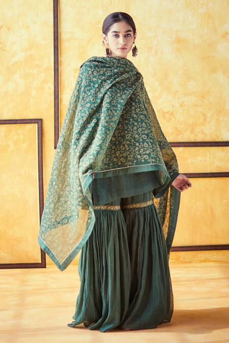 Buy_Shrutkirti_Green Chanderi Embroidered Zari Work Round Gharara Set_Online_at_Aza_Fashions