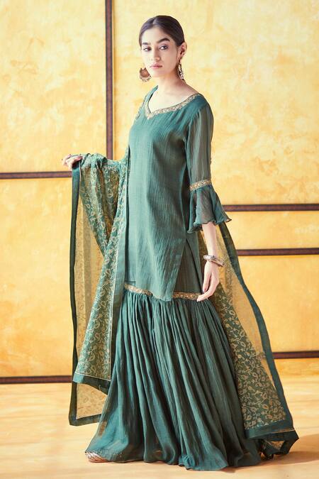 Shop_Shrutkirti_Green Chanderi Embroidered Zari Work Round Gharara Set_Online_at_Aza_Fashions