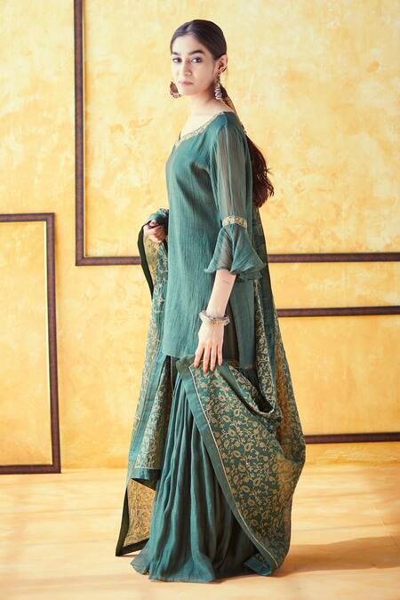 Shrutkirti_Green Chanderi Embroidered Zari Work Round Gharara Set_at_Aza_Fashions