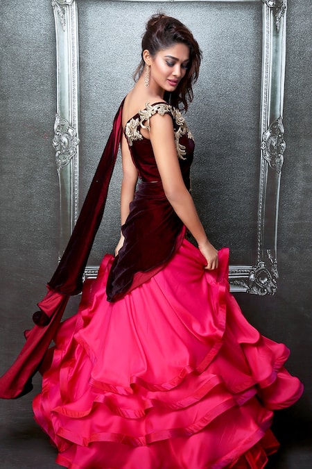 Shop_Archana Kochhar_Maroon Velvet, Chiffon One Shoulder Ruffle Lehenga Saree With Blouse _at_Aza_Fashions