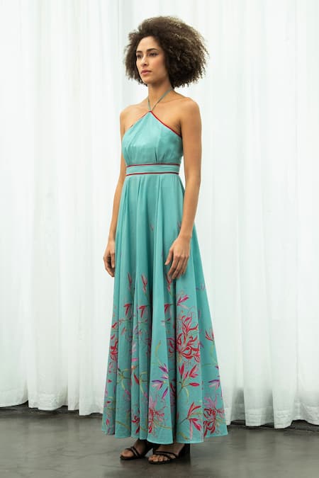 Cotton Halterneck Dress - Turquoise/patterned - Ladies