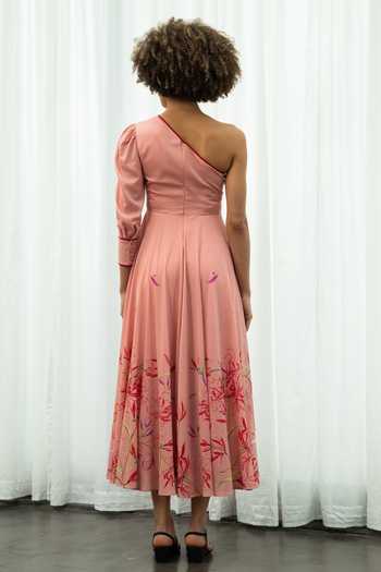 Shop Sruti Dalmia Peach Pure Cotton Lining 100% Viscose Spiderlily Flower Motifs Print Dress at Aza Fashions Shop_Sruti Dalmia_Peach Pure Cotton Lining 100% Viscose Spiderlily Flower Motifs Print Dress_at_Aza_Fashions
