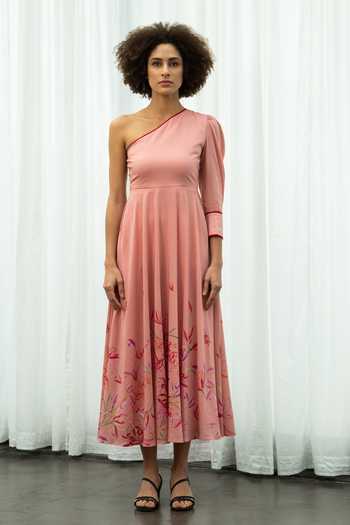 Sruti Dalmia Peach Pure Cotton Lining 100% Viscose Spiderlily Flower Motifs Print Dress Online at Aza Fashions Sruti Dalmia_Peach Pure Cotton Lining 100% Viscose Spiderlily Flower Motifs Print Dress_Online_at_Aza_Fashions