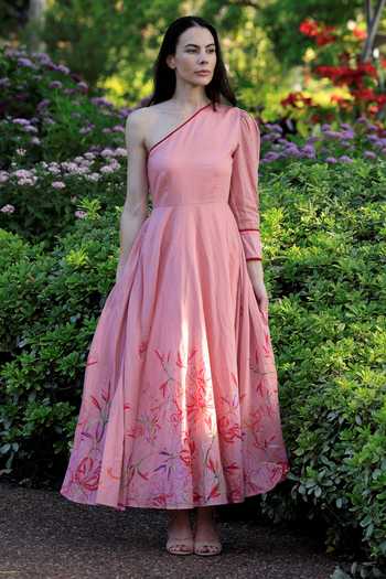 Buy_Sruti Dalmia_Peach Pure Cotton Lining 100% Viscose Spiderlily Flower Motifs Print Dress_Online_at_Aza_Fashions