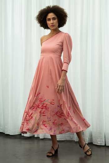 Shop Sruti Dalmia Peach Pure Cotton Lining 100% Viscose Spiderlily Flower Motifs Print Dress Online at Aza Fashions Shop_Sruti Dalmia_Peach Pure Cotton Lining 100% Viscose Spiderlily Flower Motifs Print Dress_Online_at_Aza_Fashions