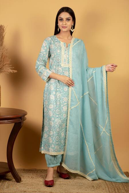 Priya Chaudhary Blue Cotton Printed Kurta Set