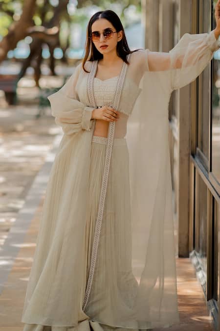 Buy_Nikita Vishakha_Green Skirt Georgette Bralette Raw Silk Cape Organza Set With Puff Sleeve_Online_at_Aza_Fashions