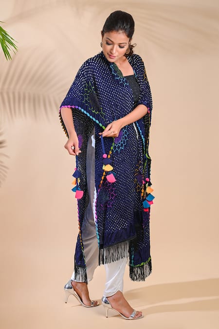Dyelogue_Blue Gajji Silk Open Bandhani Cape _Online_at_Aza_Fashions