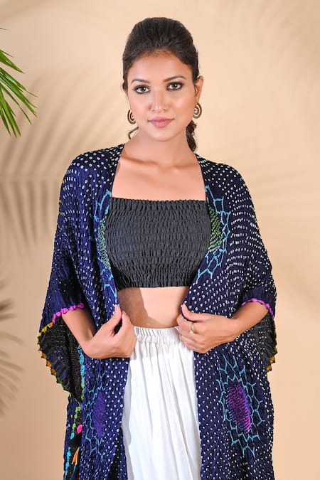 Buy_Dyelogue_Blue Gajji Silk Open Bandhani Cape _Online_at_Aza_Fashions
