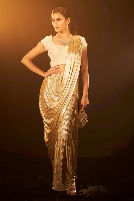 Golden and Grey Traditional Saree in Shimmer Along with Embellished Cutdana  Lace