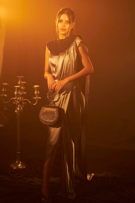 Shop Tasuvure Indes Grey Pleated Pearl Saia Pre-draped Saree With Collar at Aza Fashions Shop_Tasuvure Indes_Grey Pleated Pearl Saia Pre-draped Saree With Collar_at_Aza_Fashions
