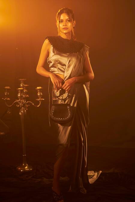 Buy Tasuvure Indes Grey Pleated Pearl Saia Pre-draped Saree With Collar Online at Aza Fashions Buy_Tasuvure Indes_Grey Pleated Pearl Saia Pre-draped Saree With Collar_Online_at_Aza_Fashions