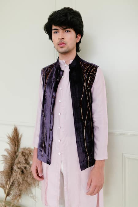 Shreyansh Designs_Purple Cotton Silk Blend Embroidered Front Open Waistcoat _Online_at_Aza_Fashions