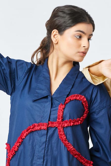 Studio Moda India Blue Cotton Spread Collar Frill Shirt Dress Online at Aza Fashions Studio Moda India_Blue Cotton Spread Collar Frill Shirt Dress_Online_at_Aza_Fashions