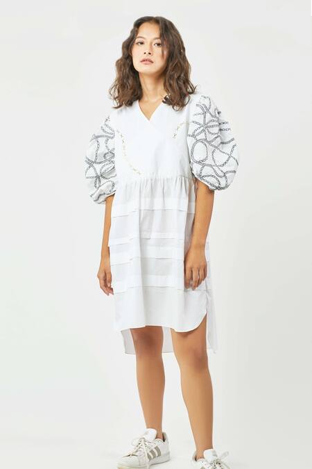 Studio Moda India_White Cotton V Neck High Low Embroidered Dress _Online_at_Aza_Fashions