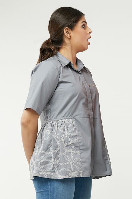 Studio Moda India Grey Cotton Spread Collar Panelled Peplum Shirt
