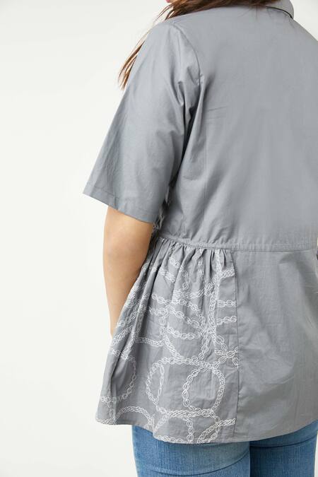 Studio Moda India Grey Cotton Spread Collar Panelled Peplum Shirt Online at Aza Fashions Studio Moda India_Grey Cotton Spread Collar Panelled Peplum Shirt _Online_at_Aza_Fashions