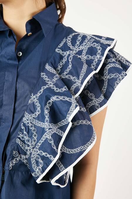 Studio Moda India Blue Cotton Spread Collar Ruffle Peplum Shirt Online at Aza Fashions Studio Moda India_Blue Cotton Spread Collar Ruffle Peplum Shirt _Online_at_Aza_Fashions