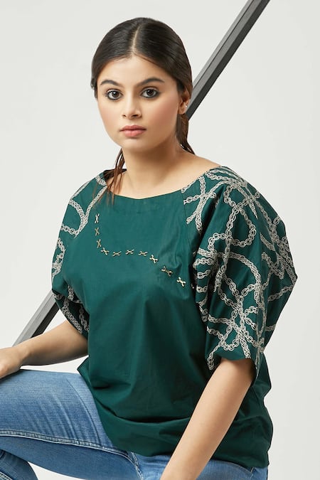 Studio Moda India Green Cotton Round Raglan Sleeve Top