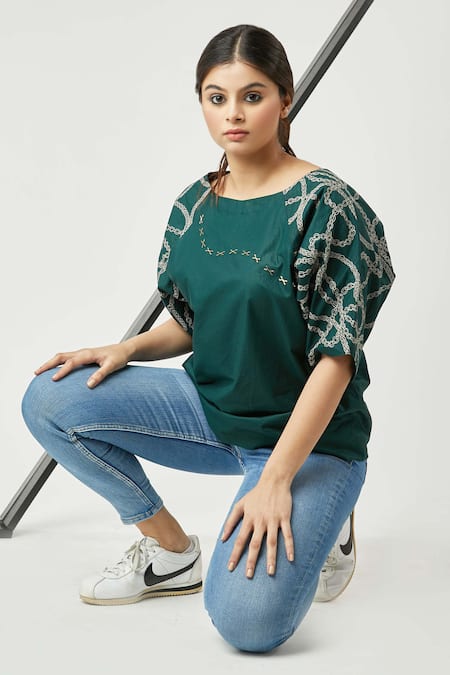 Shop Studio Moda India Green Cotton Round Raglan Sleeve Top at Aza Fashions Shop_Studio Moda India_Green Cotton Round Raglan Sleeve Top _at_Aza_Fashions