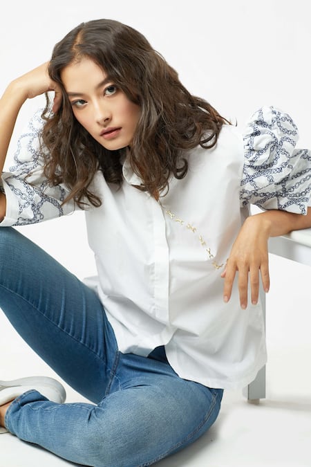 Studio Moda India White Cotton Spread Collar Puff Sleeve Shirt