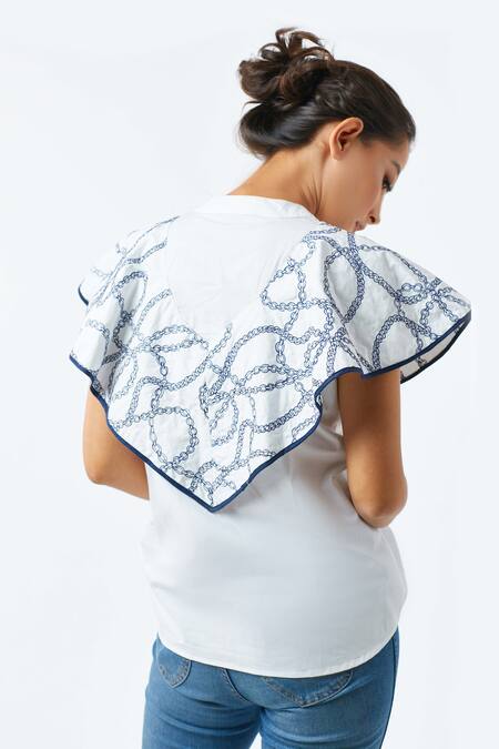 Shop Studio Moda India White Cotton Band Collar Ruffle Embroidered Top at Aza Fashions Shop_Studio Moda India_White Cotton Band Collar Ruffle Embroidered Top _at_Aza_Fashions