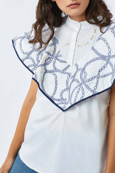 Studio Moda India White Cotton Band Collar Ruffle Embroidered Top Online at Aza Fashions Studio Moda India_White Cotton Band Collar Ruffle Embroidered Top _Online_at_Aza_Fashions
