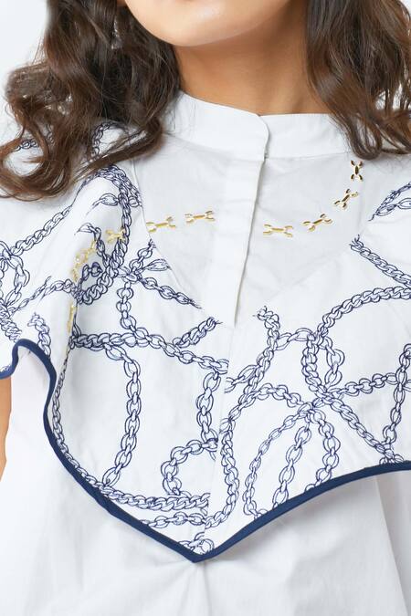 Buy Studio Moda India White Cotton Band Collar Ruffle Embroidered Top Online at Aza Fashions Buy_Studio Moda India_White Cotton Band Collar Ruffle Embroidered Top _Online_at_Aza_Fashions