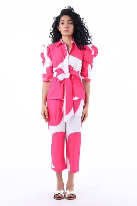 Studio Moda India White Cotton Petunia Print And Floral Rivets Collared Neck Tie-up Shirt 