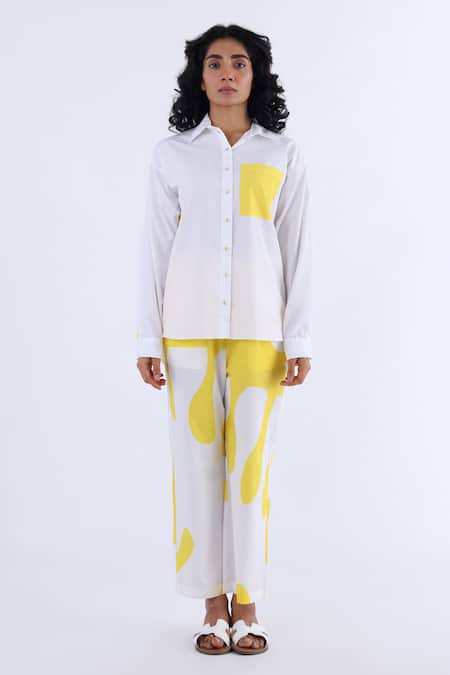 Studio Moda India White Cotton Monstera Shirt Collar Print 
