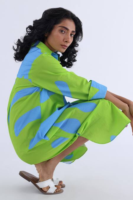 Buy_Studio Moda India_Blue Cotton Monstera Shirt Collar Print Dress_Online_at_Aza_Fashions