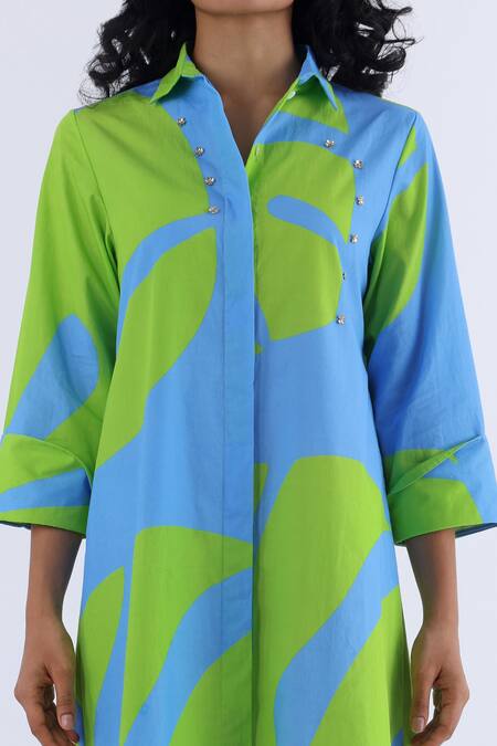 Shop_Studio Moda India_Blue Cotton Monstera Shirt Collar Print Dress_Online_at_Aza_Fashions